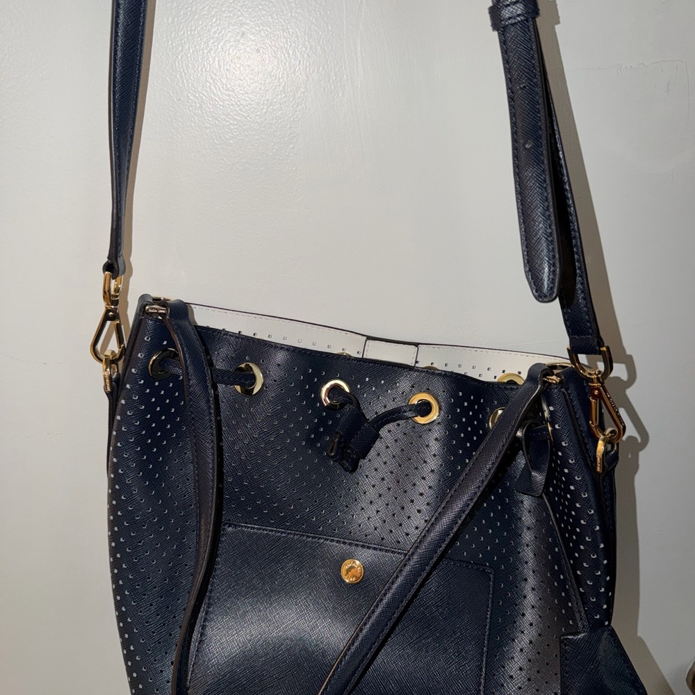 Michael Kors Navy Perforated Bucket Bag with Gold Hardware